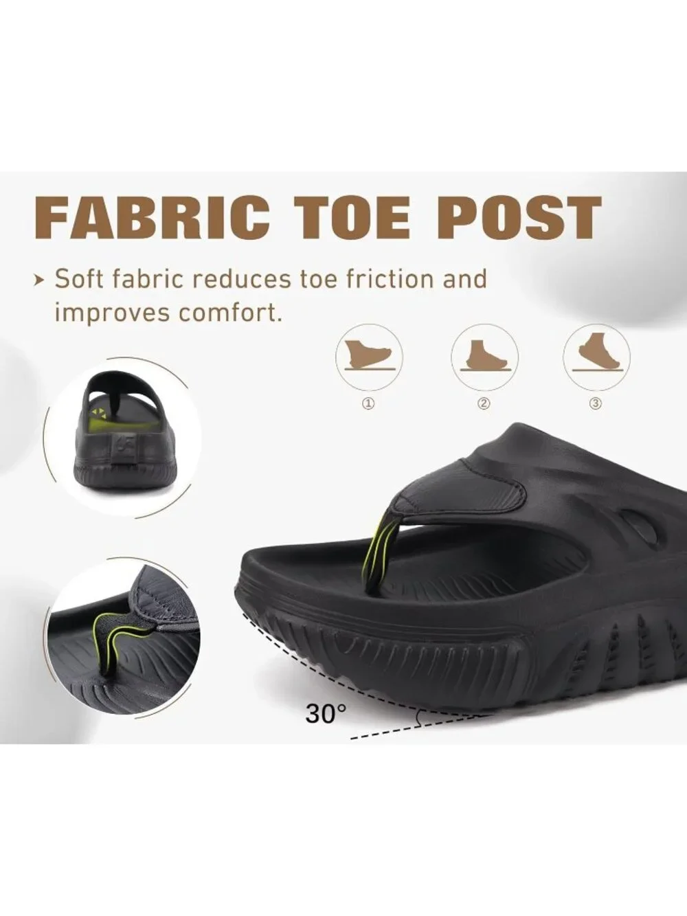 Men's All Black Orthopaedic Foot bed Flip Flops Fabric Toe Post Beach Sandals